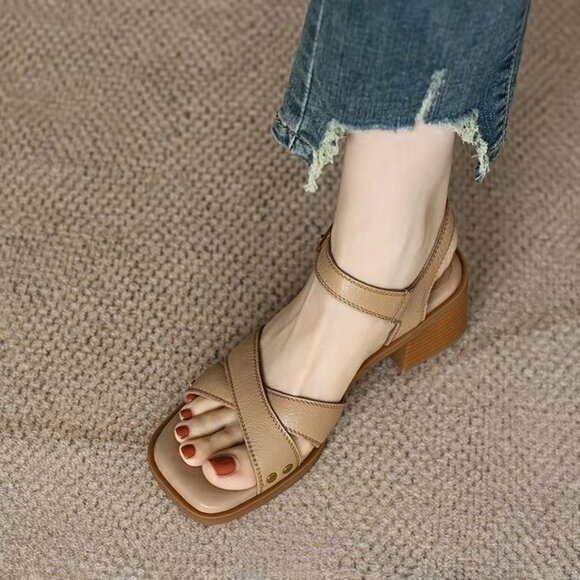 Summer new retro French thick-heeled sandals, women's exposed toe soft leather m - Picture 4 of 8